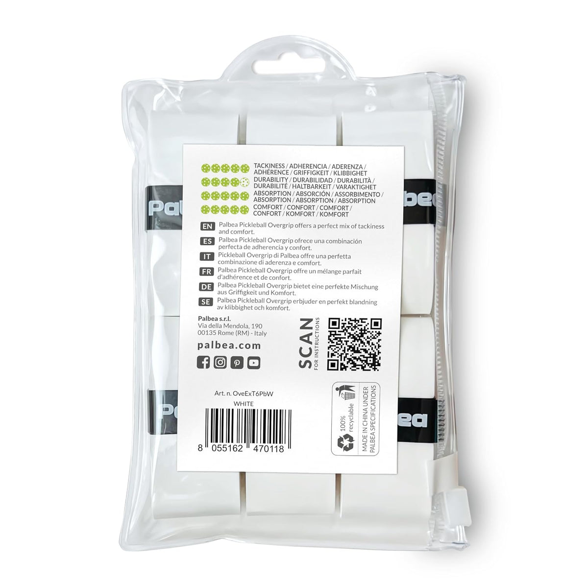Pickleball Overgrip Tape - Pack of 6 - Extra Tacky White Pickleball Grip.